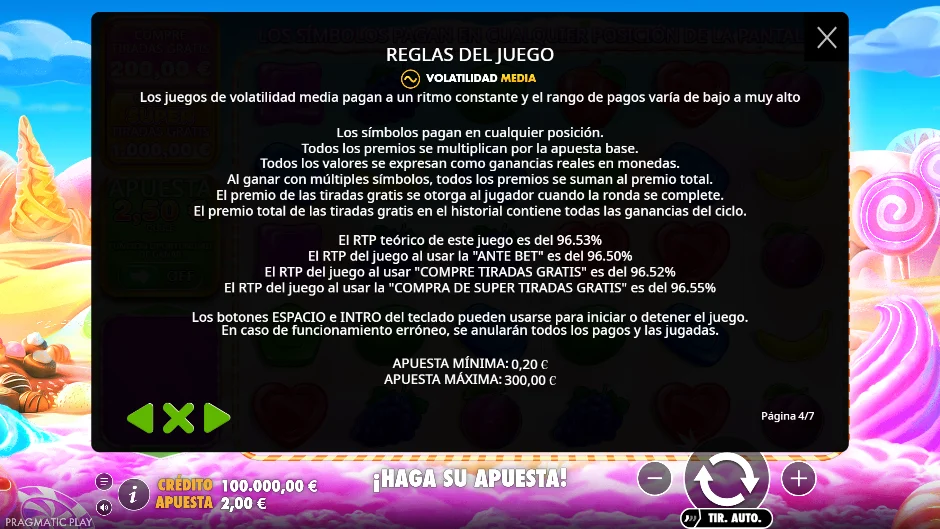 RTP por modos y volatilidad de Sweet Bonanza 1000